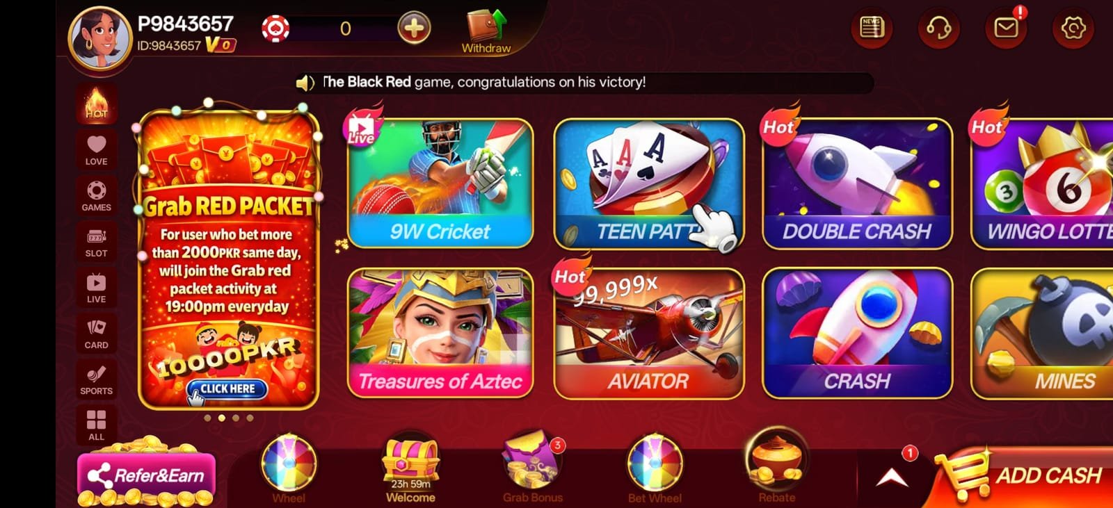 S9 Game app lobby showing slot games, daily bonus panels and the Add Cash bar on an Android phone